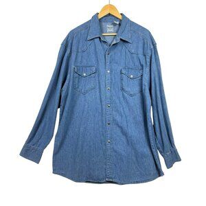 Western Plains Trading Blue Denim Men Shirt Size Large Snaps Cotton 70s Western